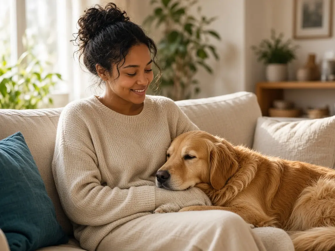Woman hugging her emotional support dog